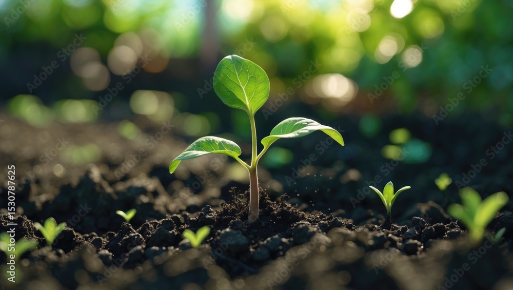 Poster close-up of a fragile sprout emerging from dark soil, representing new life and growth.