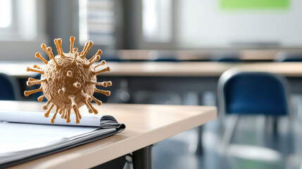 3D illustration of virus model on desk in empty classroom, symbolizing health education and awareness