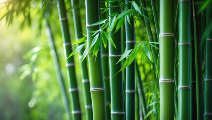 Obraz premium Explore the peaceful charm of vibrant green bamboo in this stunning photo, ideal for incorporating nature's elegance into any space. Experience serenity with this lush scene.