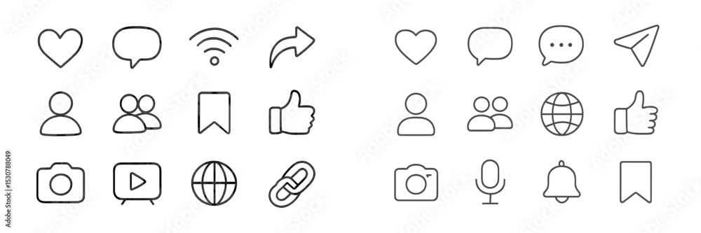 Aufkleber Collection of various simple line icons representing social media interactions and connectivity