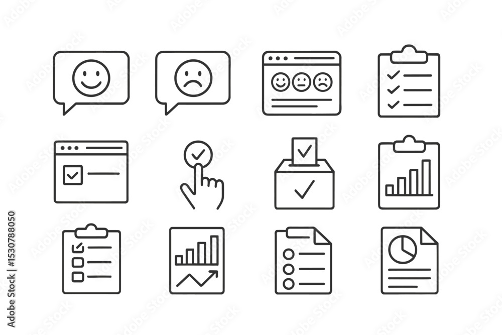 Aufkleber collection of user feedback icons representing satisfaction, surveys, and data analysis for digital 