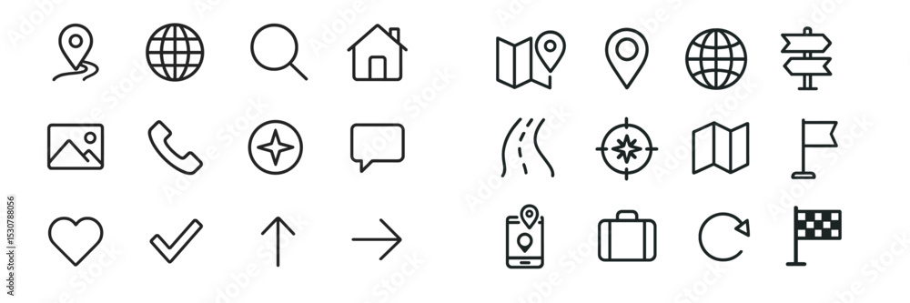 Poster collection of simple line icons depicting travel, location, direction, and communication related con