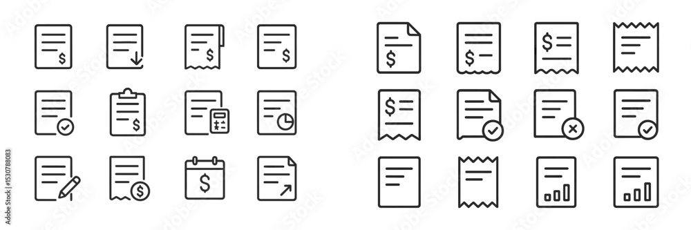 Poster various document icons illustrating financial transactions, reports, and administrative tasks in a m