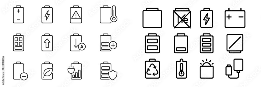 Poster Battery icon collection showcasing various states and indicators for charge levels, usage, and conditions in a minimalistic design
