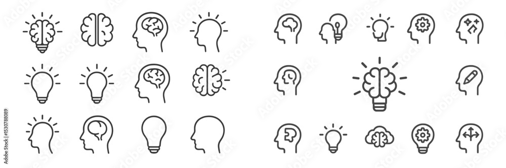 Poster Collection of brain and light bulb icons representing creativity and intelligence in design and education