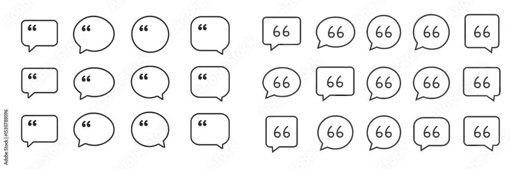 Poster Collection of various speech bubbles featuring quotation marks in simple, monochrome design for graphic use