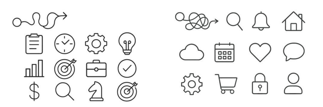 Collection of simple line icons to illustrate various concepts related to business and organization