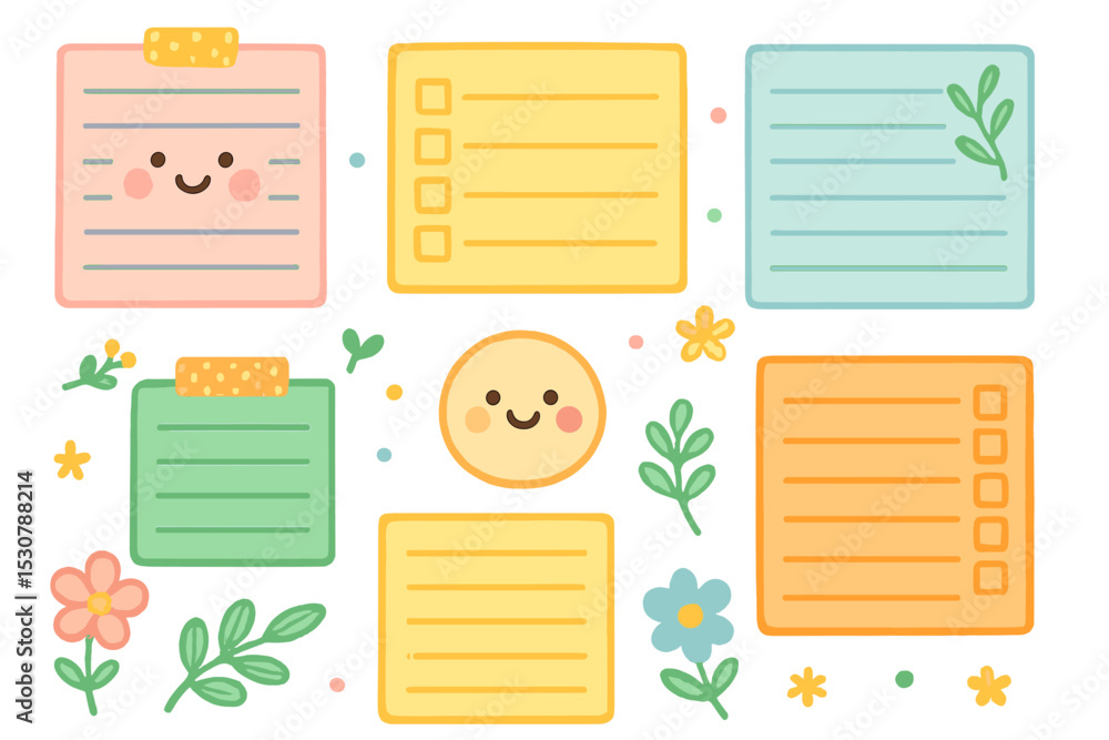 Poster colorful sticky notes and cheerful elements arranged on a white background for organization and crea