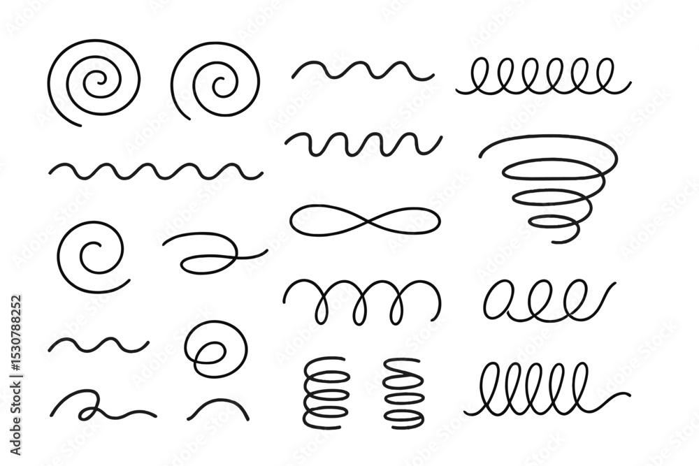 Poster Various hand-drawn lines and swirls on a white background showcasing different styles of curves and patterns