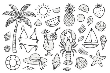 Summer beach elements with sun, fruits, drinks, and sea creatures captured in a fun doodle style illustration