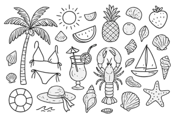 Fotobehang Summer beach elements with sun, fruits, drinks, and sea creatures captured in a fun doodle style illustration © Zaleman