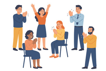 Fototapeta premium Group of six people celebrating with applause in a cheerful office environment
