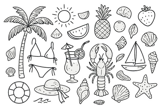 Naklejki Summer beach elements with sun, fruits, drinks, and sea creatures captured in a fun doodle style illustration