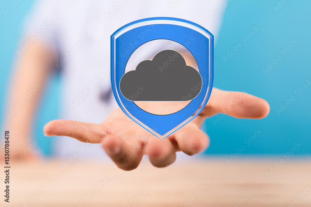 Poster image of a hand holding a cloud icon inside a protective shield, representing secure cloud data.