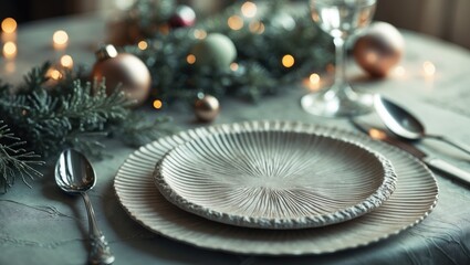 Christmas table setting featuring an empty craft ceramic plate and silver cutlery on a dark stone background. Top view, ample copy space.
