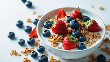 Bowl of delicious granola combined with yogurt and berries on a white background