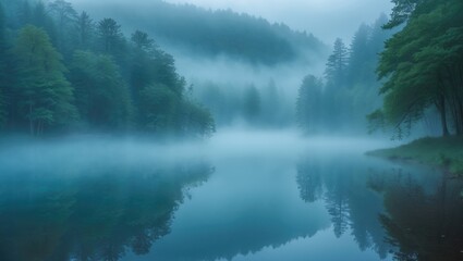 Fototapeta premium Blue mist or fog over a lake, shoreline with a forest of green trees - Wolf Lake Park