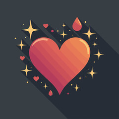 Heart icon with stars and drops in flat design on dark background  