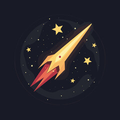 Retro rocket flying through the starry night sky  