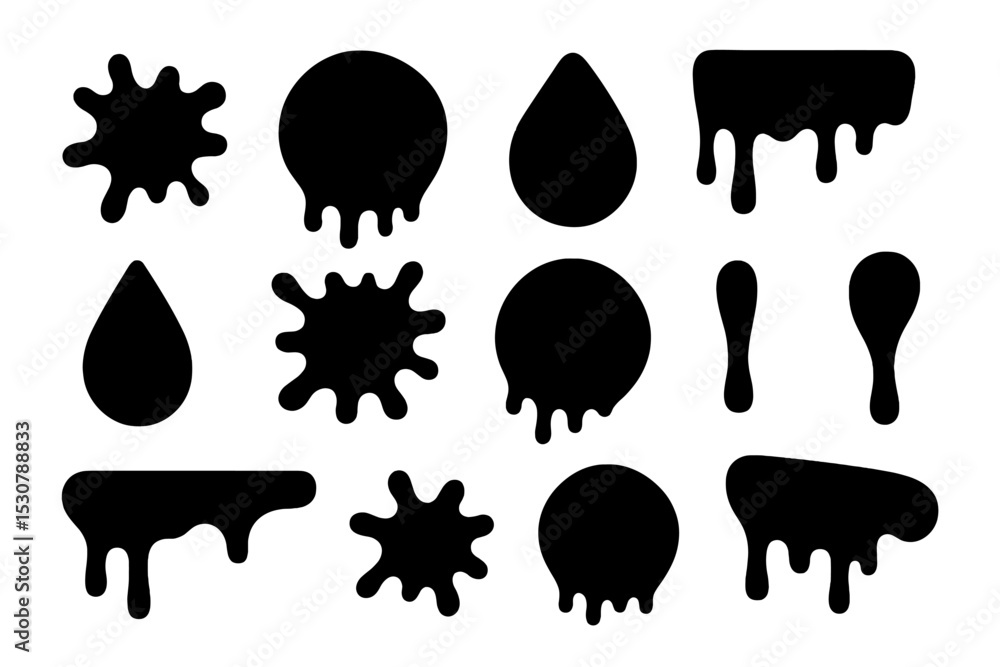 Poster Collection of abstract black shapes representing paint splashes and drops on a white background for artistic use