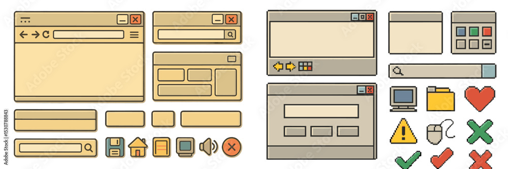 Poster User interface elements including buttons, search bars, and alerts designed for web applications or software interfaces