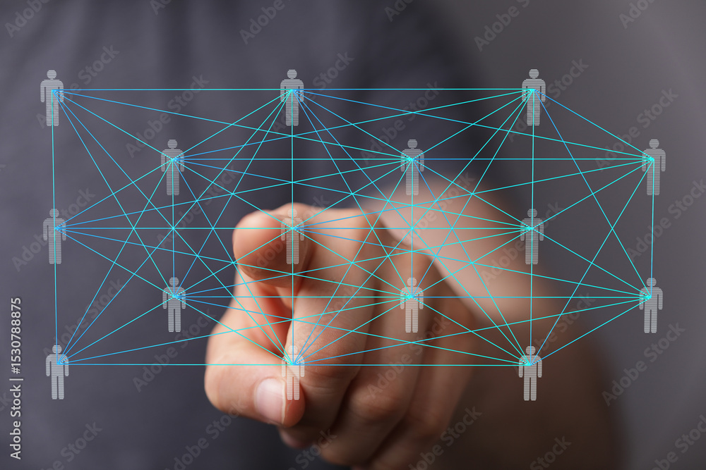 Poster hand pointing at interconnected network. collaboration, teamwork, global network concept.