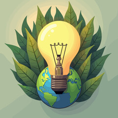 Light bulb on top of earth surrounded by leaves in colorful design  
