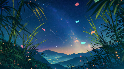 七夕の夜空に願いを込めて 星空と短冊が舞う幻想風景