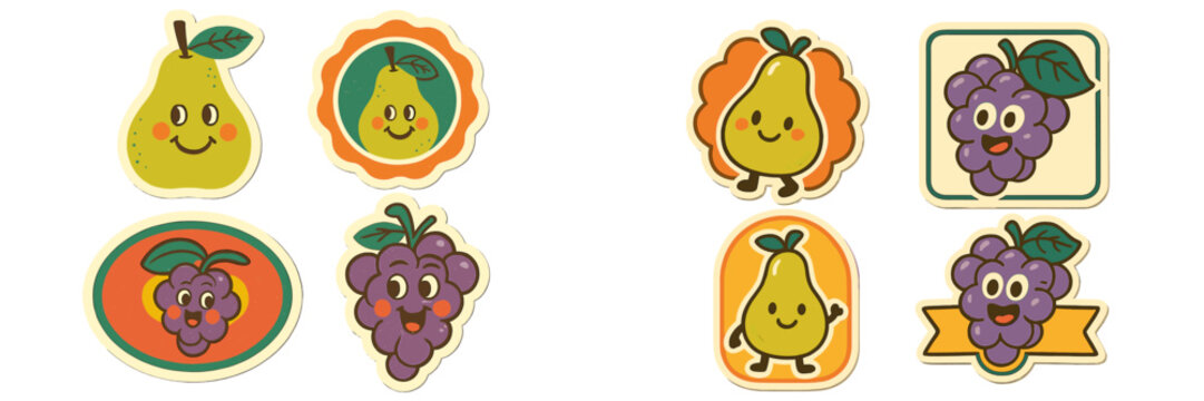 Colorful fruit characters featuring pears and grapes, designed in a playful style for children?s decor