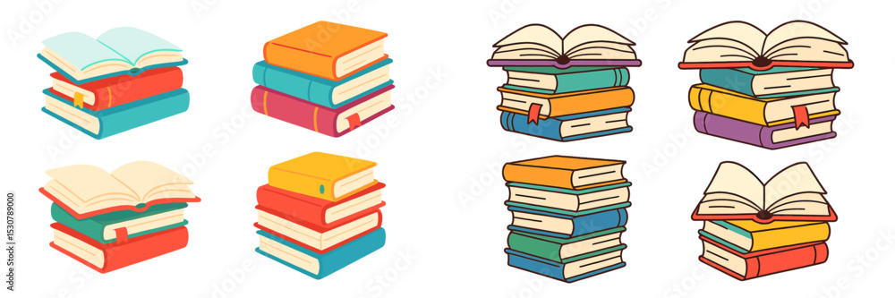 Aufkleber colorful books stacked in various arrangements showcasing different styles and sizes against a plain