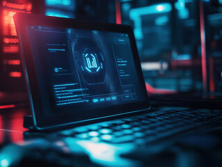Futuristic laptop interface with digital data processing in dark environment for server room