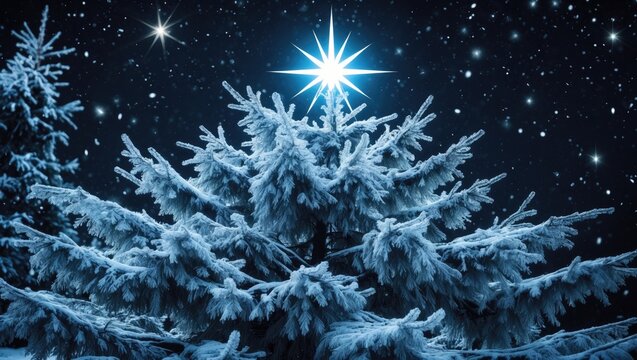 Christmas star in the night sky, snowflakes falling, and a fir tree covered in snow.