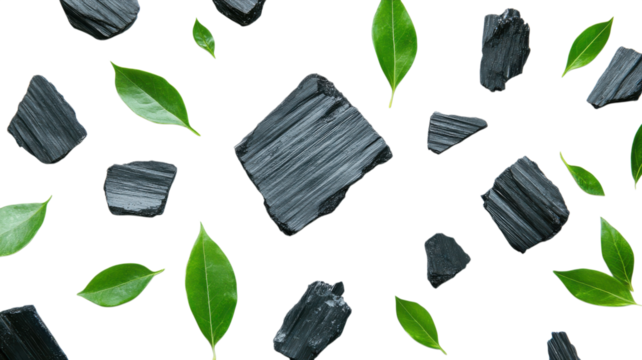 Charcoal pieces are scattered among fresh green leaves, emphasizing a simple and natural aesthetic on a white surface