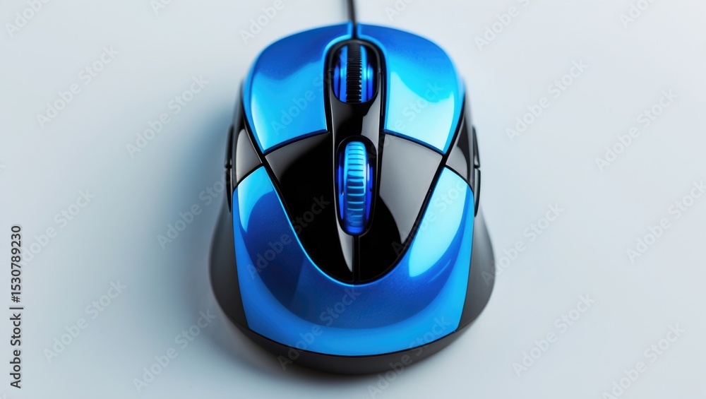 Poster blue and black mouse displayed on a computer setup.