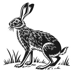 A black hare is vigilantly sitting in the grass, rendered in striking monochrome