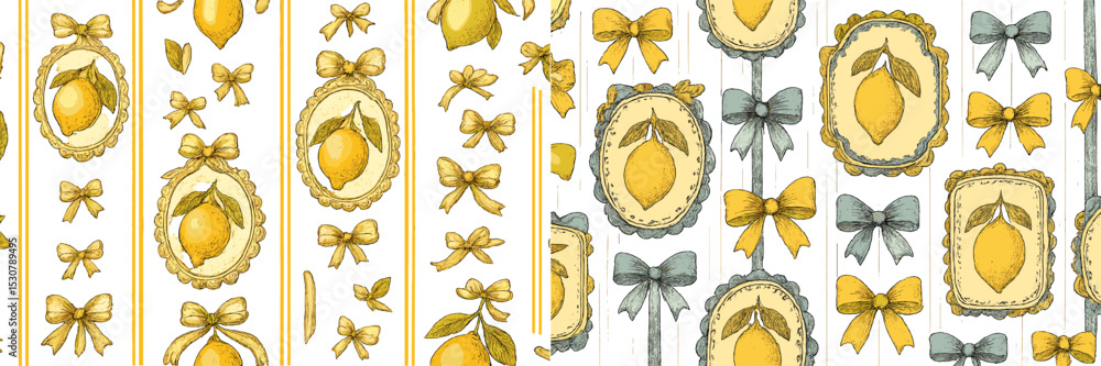 Poster lemon and bow pattern design featuring yellow fruits and decorative elements in a vintage style