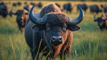 Naklejka premium Close-up image of a large male Buffalo with horns, standing in a grass meadow during the early morning light.