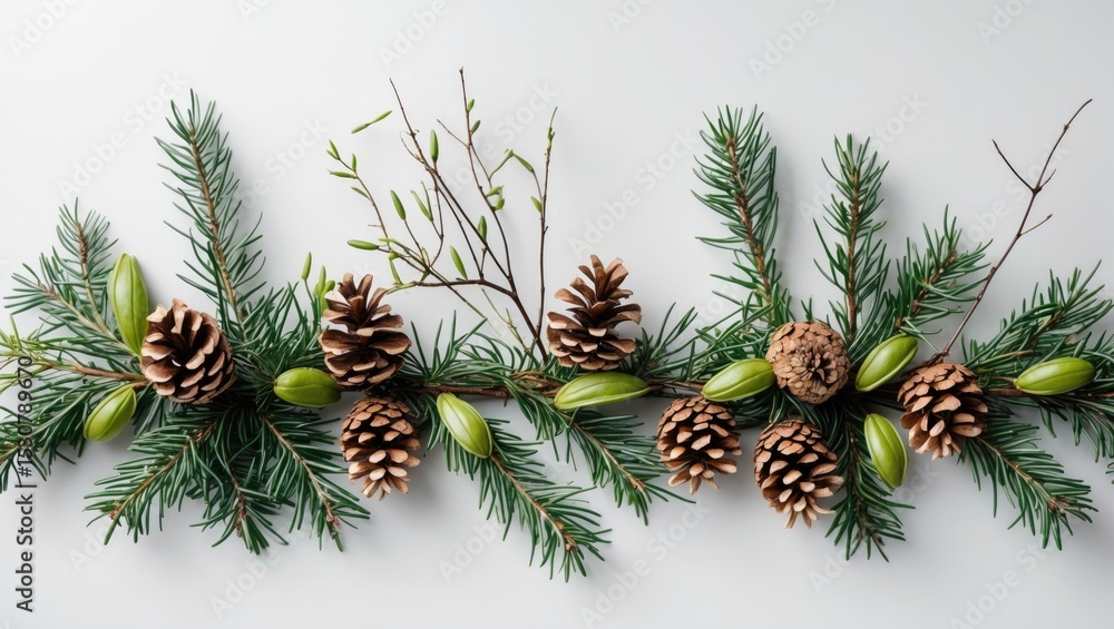 Poster coniferous tree branch of larch with cones isolated on white background. border of coniferous tree l
