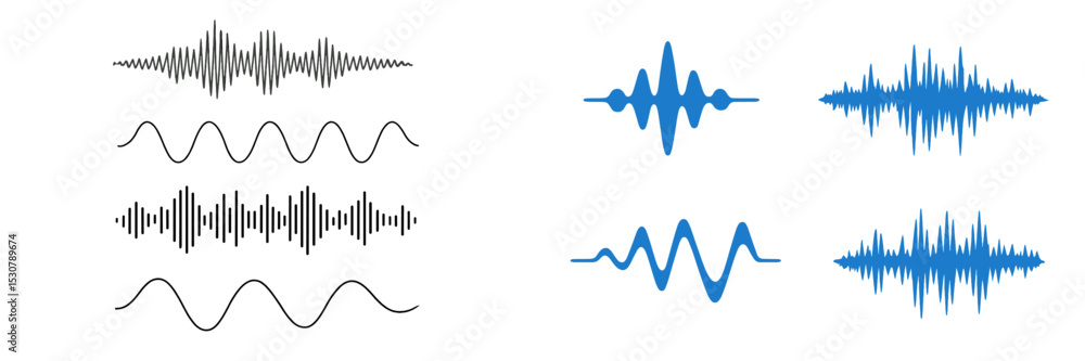 Aufkleber different styles of sound waves represented visually in black and blue designs, showcasing various f