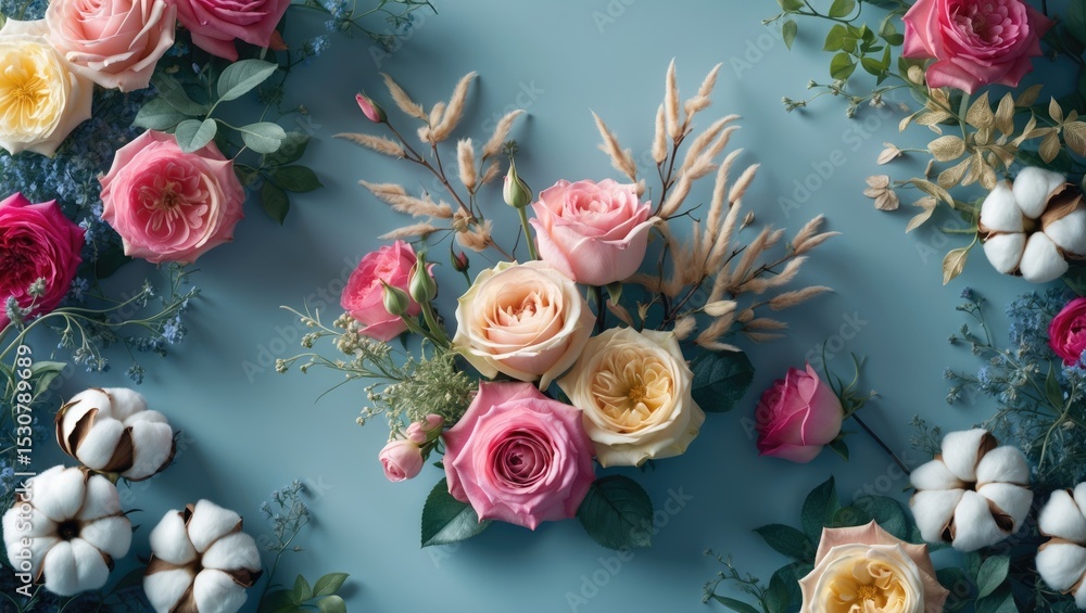 Poster bouquet of flowers in rustic style on blue background. spring flowers. geometric pattern. bouquet el