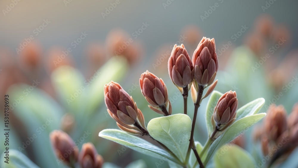 Poster close-up of the fragile, budding blossoms and fresh leaves of a maple tree in spring, showcasing the