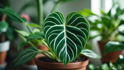 Close-up of topical houseplant with velvety dark green veined leaves in a flower pot, with other plants in a blurred room background.