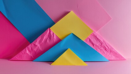 Obraz premium Blue, pink, and yellow three-tone color paper background with stripes. Contemporary hipster futuristic abstract background. Texture design.