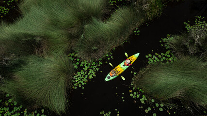 Travel Kayaking Paddling Transparent Canoe Kayak in peat swamp forest wetlands in mornine time,...