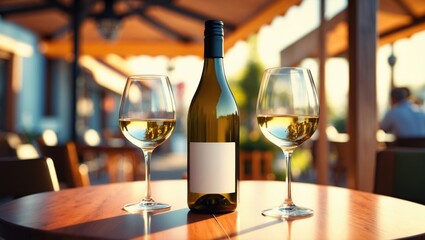 Bottle of chilled white wine and two glasses placed on a wooden table at an outdoor restaurant.