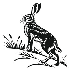 Black hare stands alert among foliage against white backdrop, creating a striking silhouette