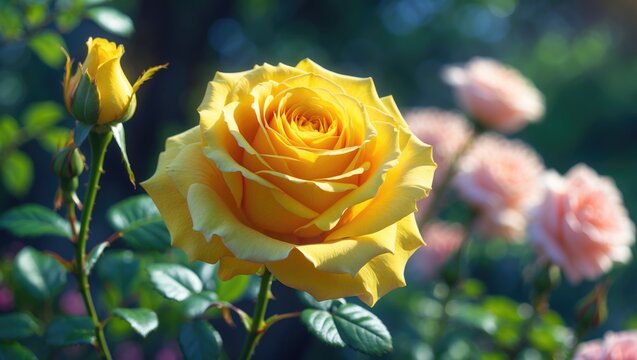 Luminous yellow rose in a sunlit garden scene