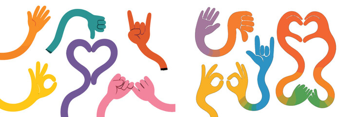Obraz premium Colorful hand signs and gestures representing love, peace, and positivity in a vibrant design