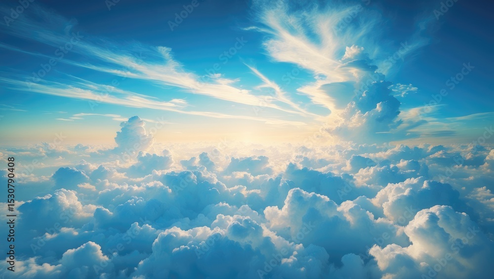 Poster clouds patterns against a vibrant blue sky with a clear background and space for text