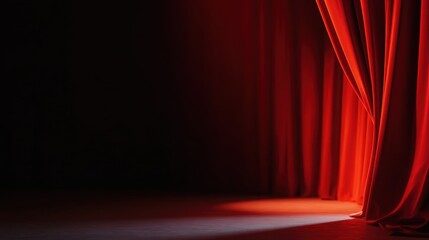 Dramatic red curtains parting to reveal a stage, illuminated by a spotlight, creating anticipation